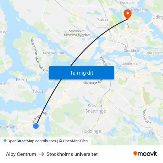 Alby Centrum to Stockholms universitet map