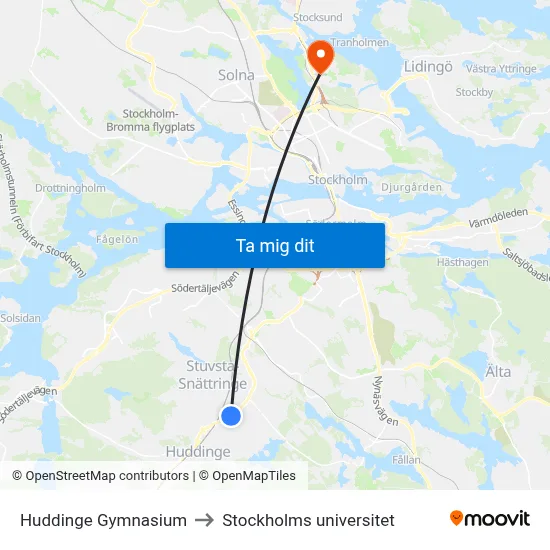 Huddinge Gymnasium to Stockholms universitet map