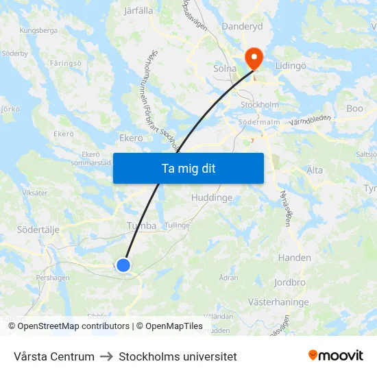 Vårsta Centrum to Stockholms universitet map