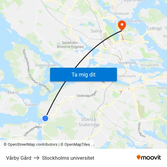 Vårby Gård to Stockholms universitet map