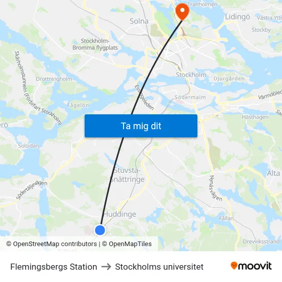 Flemingsbergs Station to Stockholms universitet map
