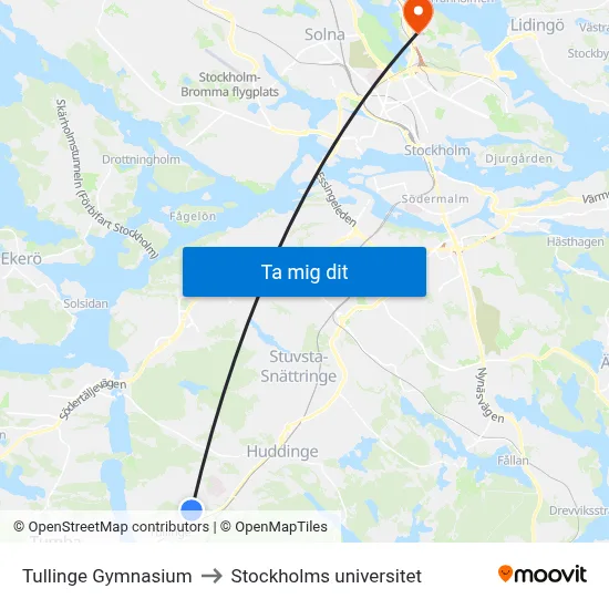 Tullinge Gymnasium to Stockholms universitet map