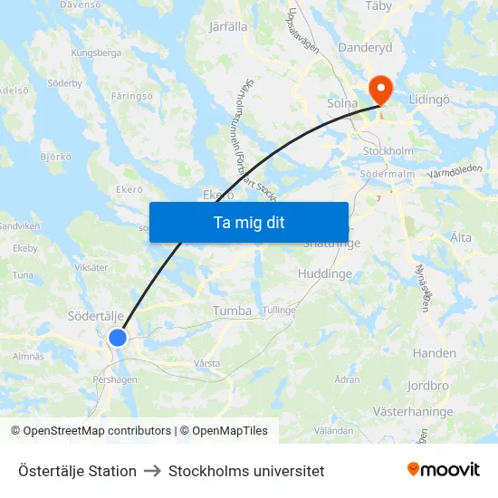 Östertälje Station to Stockholms universitet map