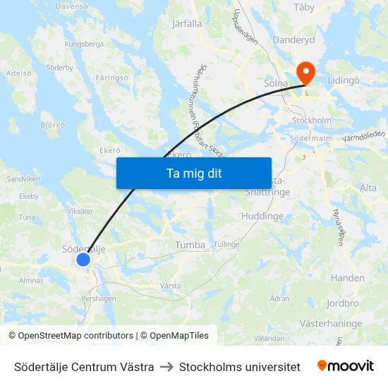 Södertälje Centrum Västra to Stockholms universitet map