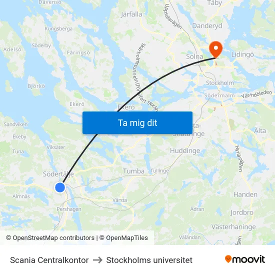 Scania Centralkontor to Stockholms universitet map