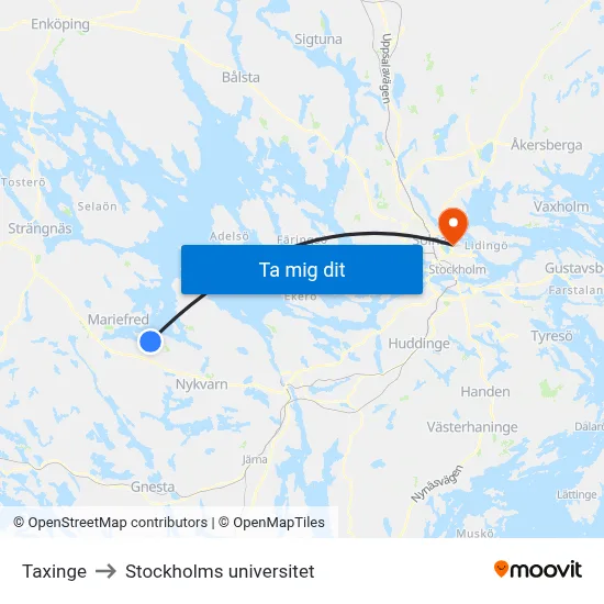 Taxinge to Stockholms universitet map