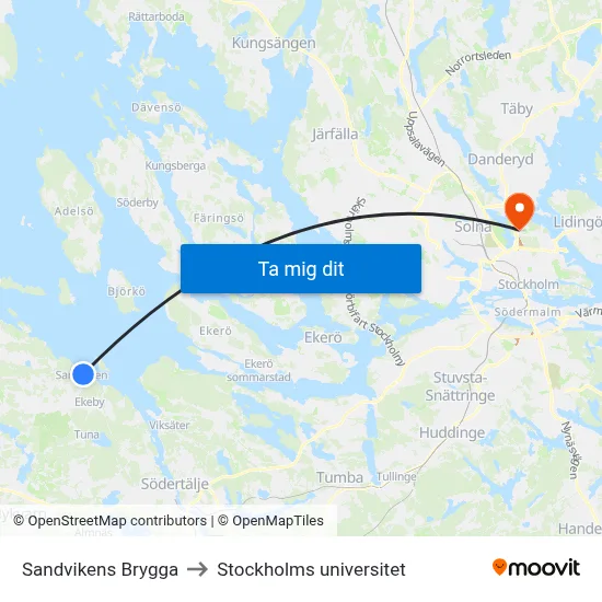 Sandvikens Brygga to Stockholms universitet map
