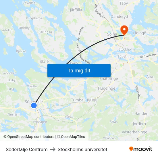 Södertälje Centrum to Stockholms universitet map