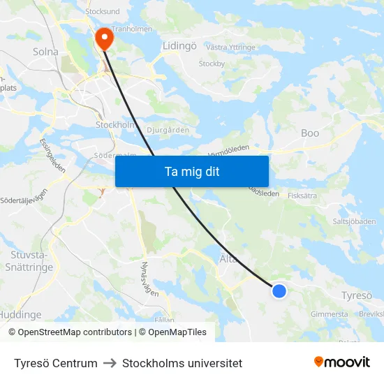 Tyresö Centrum to Stockholms universitet map