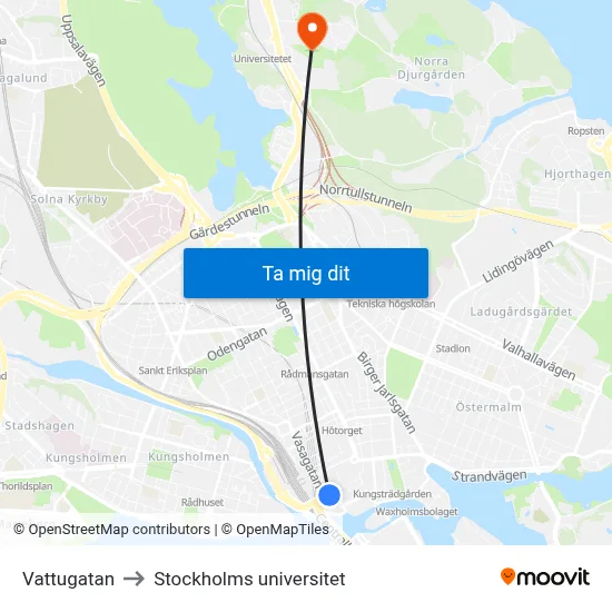 Vattugatan to Stockholms universitet map