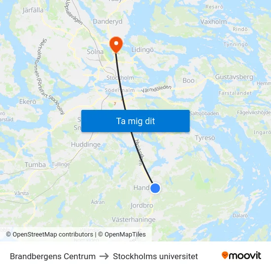 Brandbergens Centrum to Stockholms universitet map