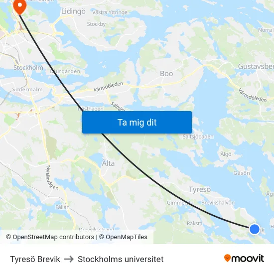 Tyresö Brevik to Stockholms universitet map