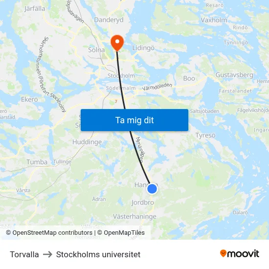 Torvalla to Stockholms universitet map