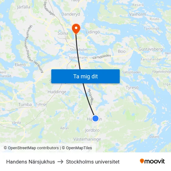 Handens Närsjukhus to Stockholms universitet map