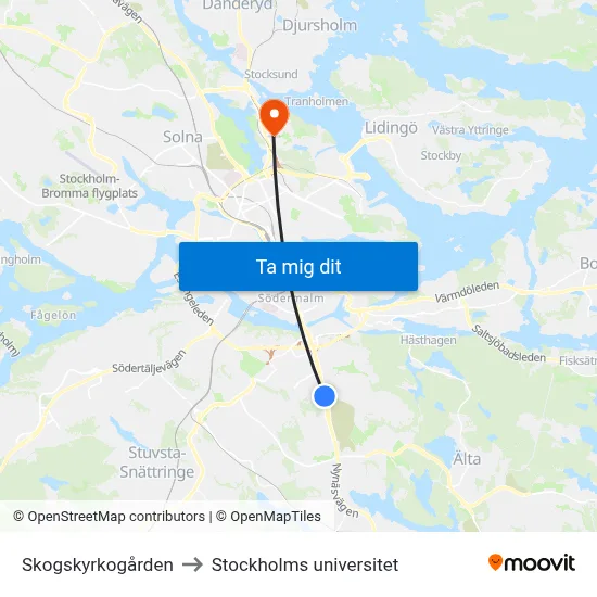 Skogskyrkogården to Stockholms universitet map