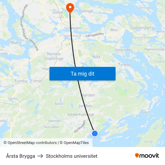 Årsta Brygga to Stockholms universitet map