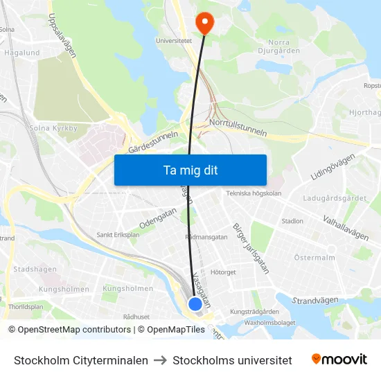 Stockholm Cityterminalen to Stockholms universitet map