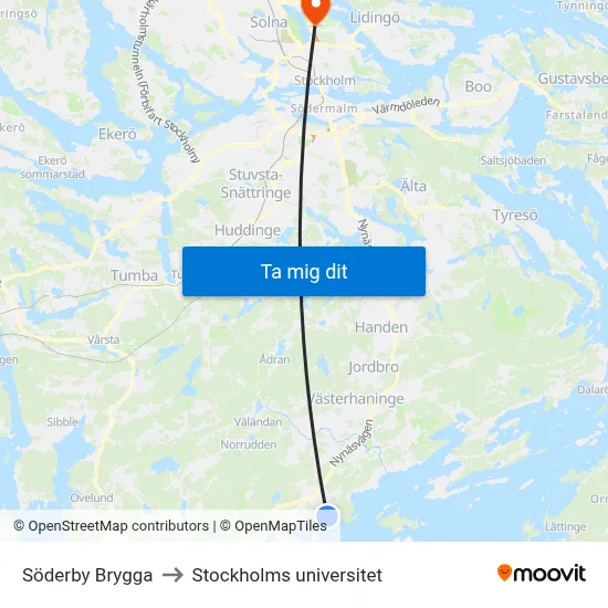 Söderby Brygga to Stockholms universitet map