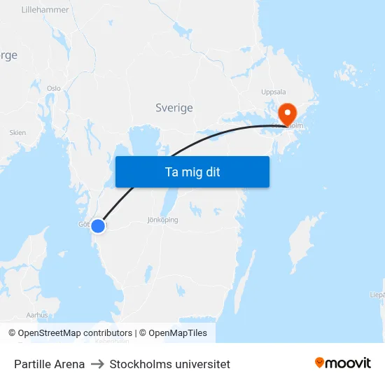 Partille Arena to Stockholms universitet map