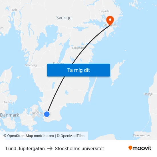 Lund Jupitergatan to Stockholms universitet map