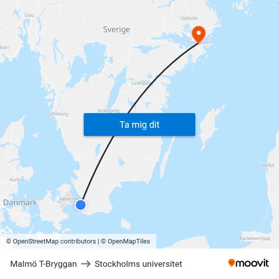 Malmö T-Bryggan to Stockholms universitet map