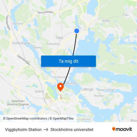 Viggbyholm Station to Stockholms universitet map