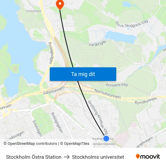 Stockholm Östra Station to Stockholms universitet map