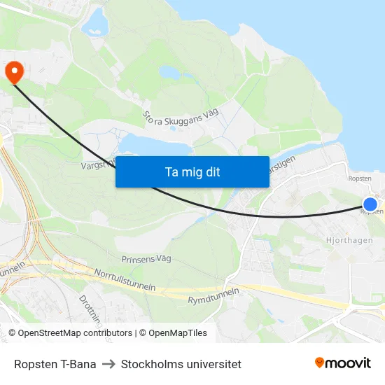 Ropsten T-Bana to Stockholms universitet map