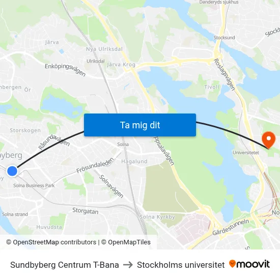 Sundbyberg Centrum T-Bana to Stockholms universitet map