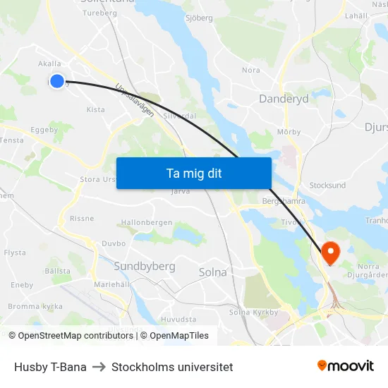 Husby T-Bana to Stockholms universitet map