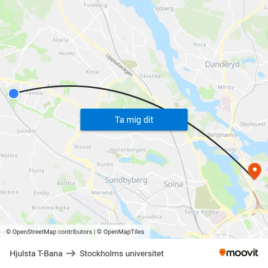 Hjulsta T-Bana to Stockholms universitet map