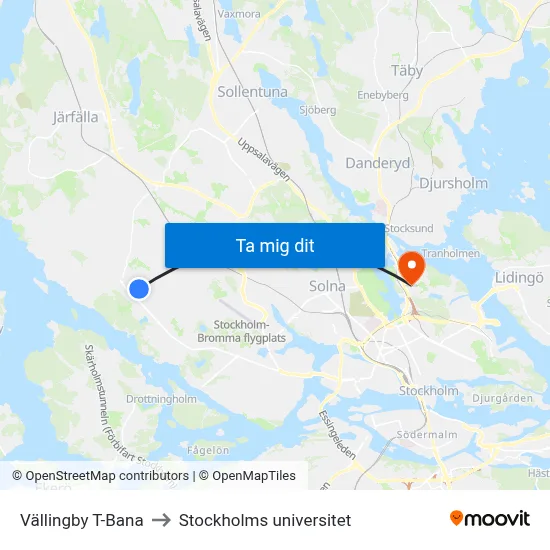 Vällingby T-Bana to Stockholms universitet map