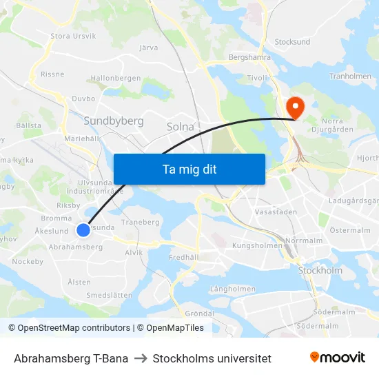 Abrahamsberg T-Bana to Stockholms universitet map