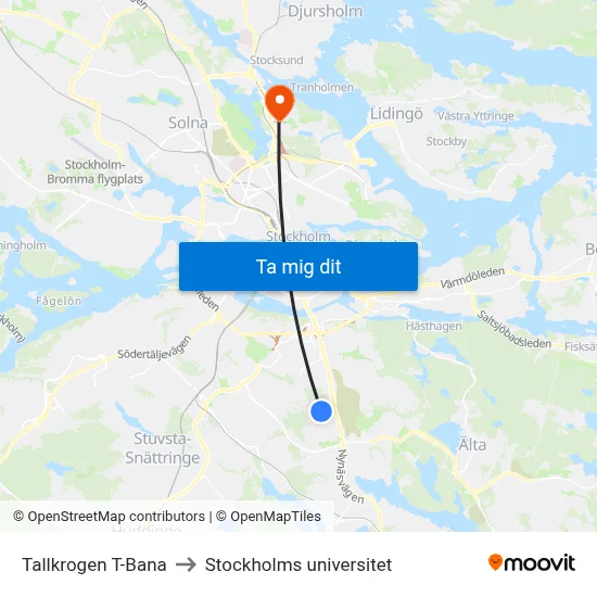 Tallkrogen T-Bana to Stockholms universitet map