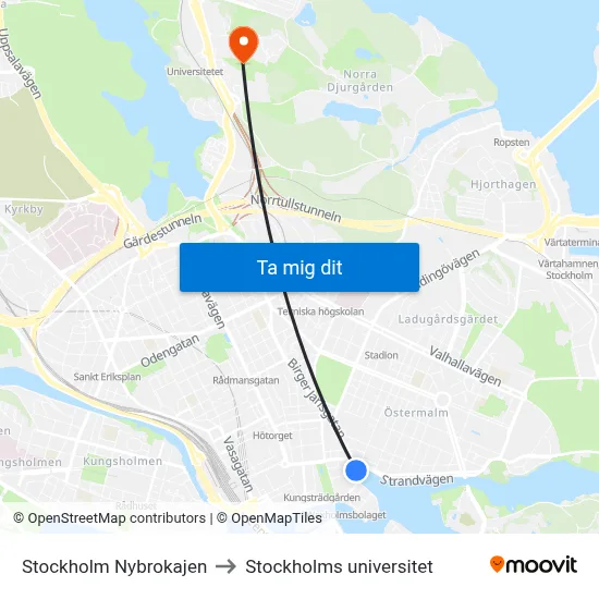 Stockholm Nybrokajen to Stockholms universitet map