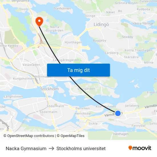 Nacka Gymnasium to Stockholms universitet map