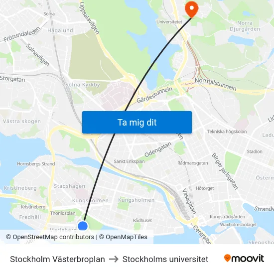 Stockholm Västerbroplan to Stockholms universitet map