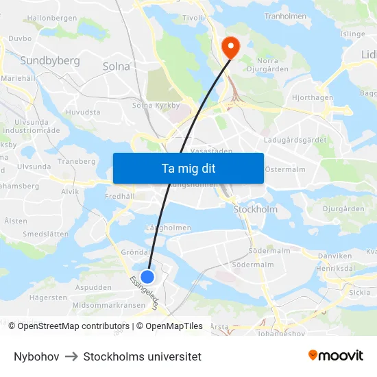 Nybohov to Stockholms universitet map