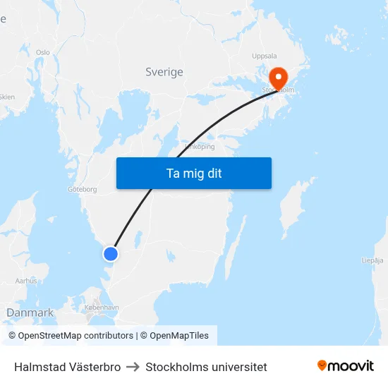 Halmstad Västerbro to Stockholms universitet map