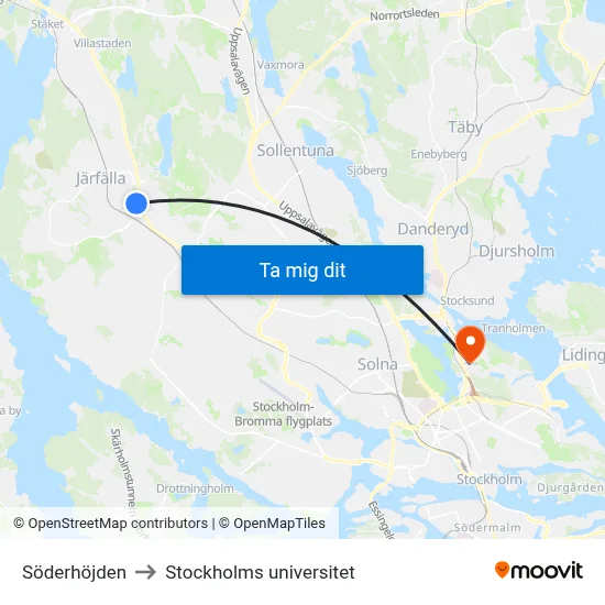 Söderhöjden to Stockholms universitet map