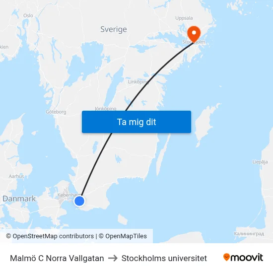 Malmö C Norra Vallgatan to Stockholms universitet map