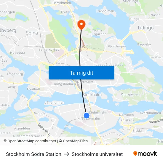 Stockholm Södra Station to Stockholms universitet map
