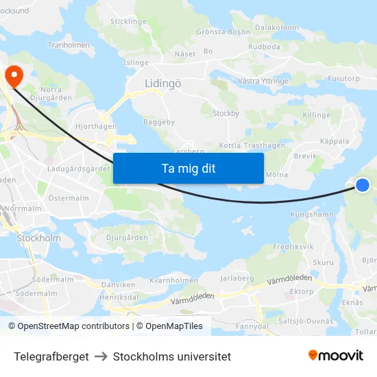 Telegrafberget to Stockholms universitet map