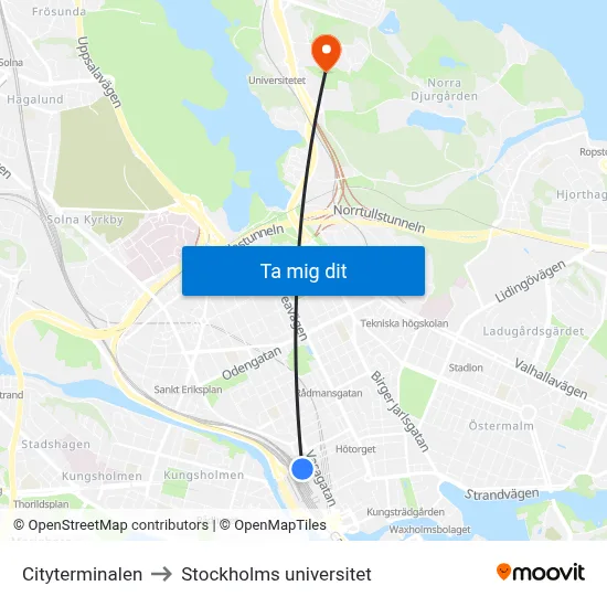 Cityterminalen to Stockholms universitet map