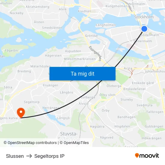 Slussen to Segeltorps IP map