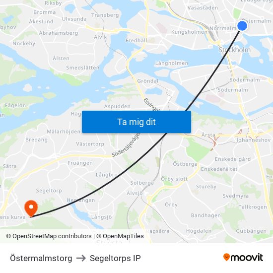 Östermalmstorg to Segeltorps IP map