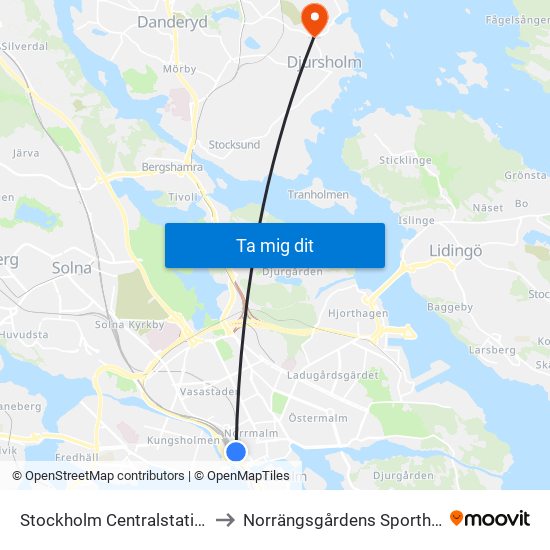 Stockholm Centralstation to Norrängsgårdens Sporthall map