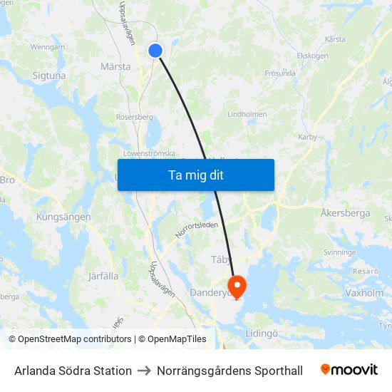 Arlanda Södra Station to Norrängsgårdens Sporthall map