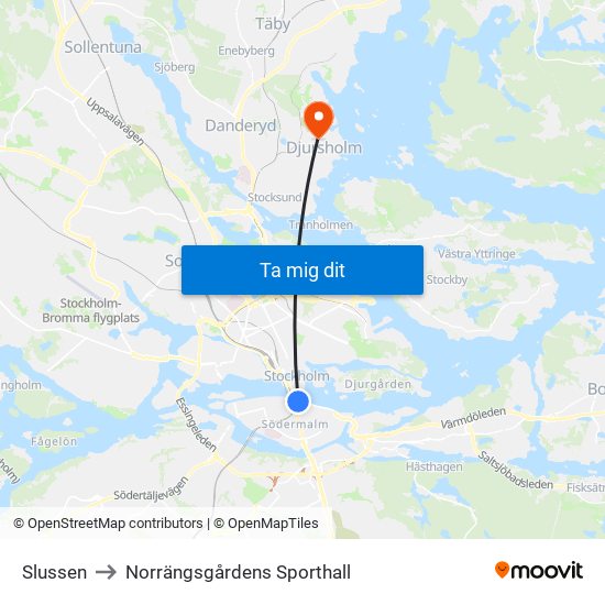 Slussen to Norrängsgårdens Sporthall map