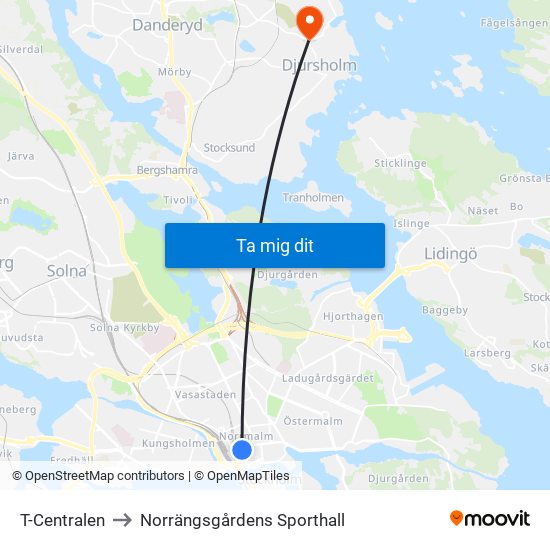 T-Centralen to Norrängsgårdens Sporthall map